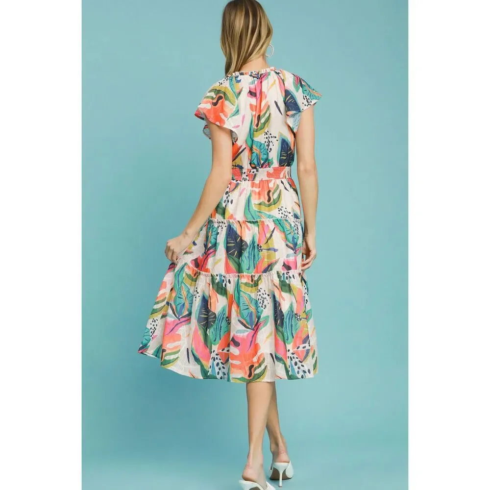 Umgee Full Size Leaf Print Cap Sleeve Tiered Midi Dress Plus Size - Picture 4 of 4